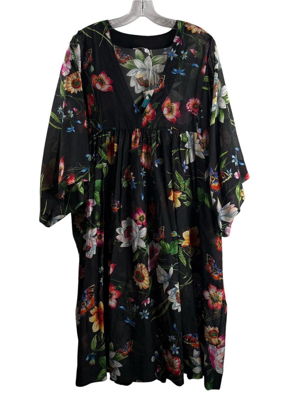 Johnny Was Black Floral Long-Sleeve Midi Dress NWT $238